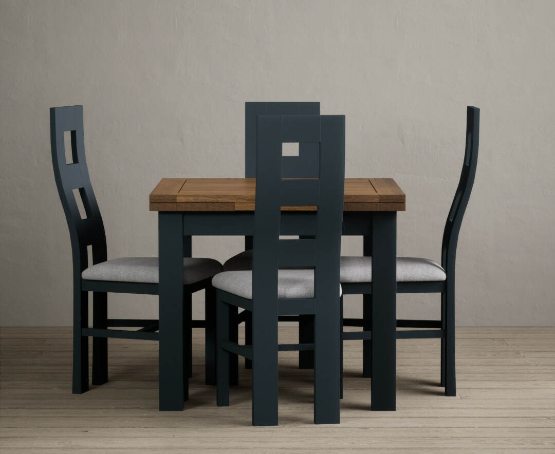 Photo 2 of Hampshire 90cm oak and dark blue extending dining table with 6 blue flow back chairs