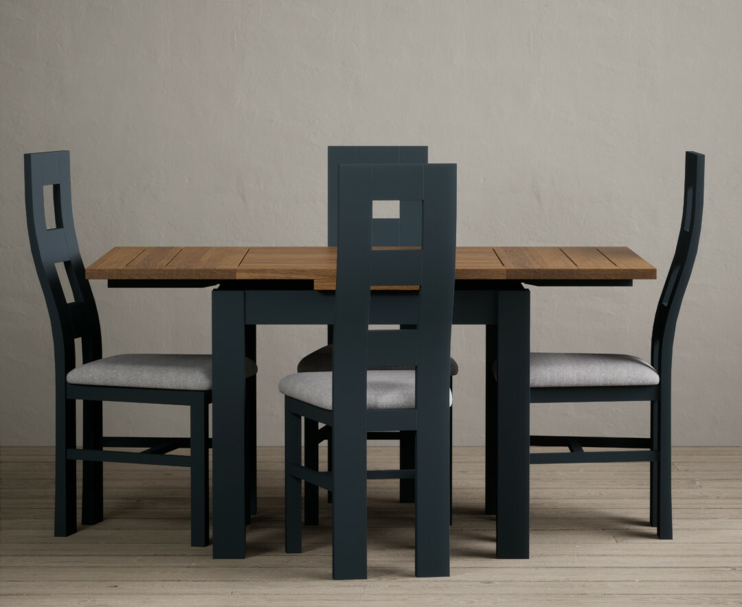 Buxton 90cm Oak and Dark Blue Extending Dining Table With 6 Charcoal Grey Flow Back Chairs at Oak Furniture Superstore