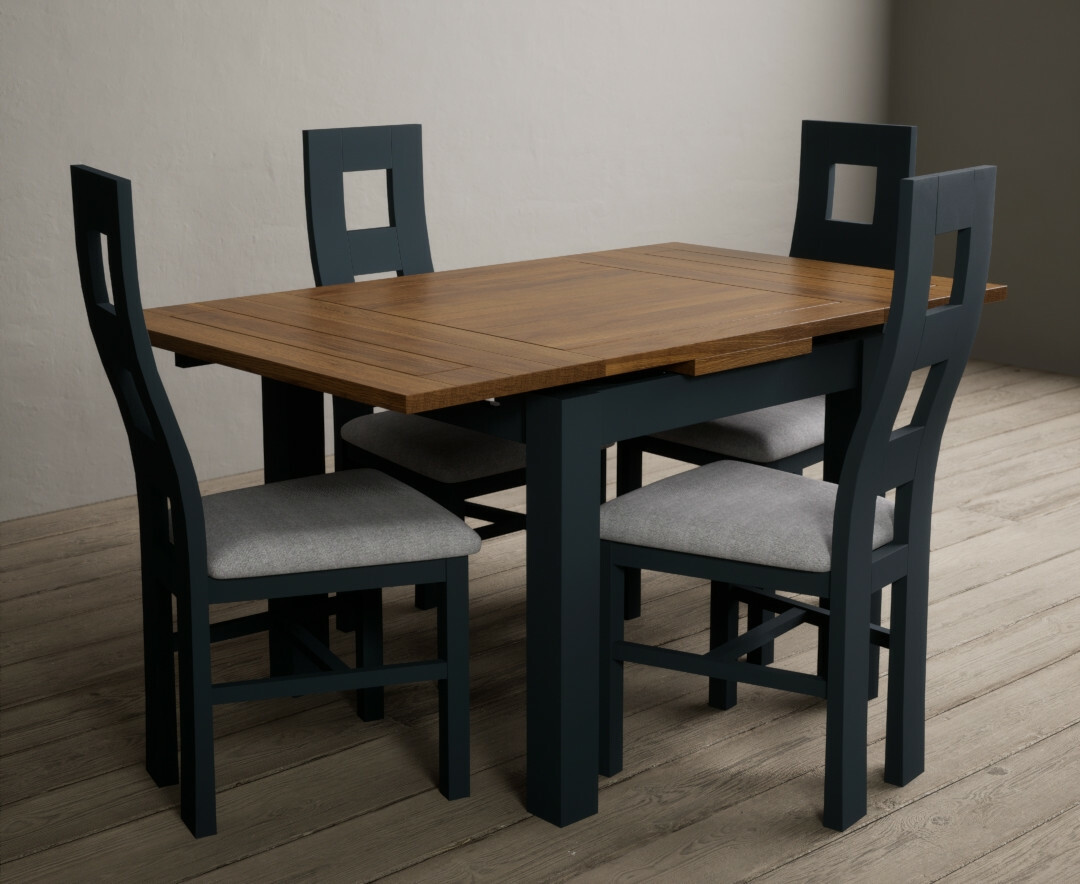 Photo 3 of Buxton 90cm oak and dark blue extending dining table with 6 linen flow back chairs