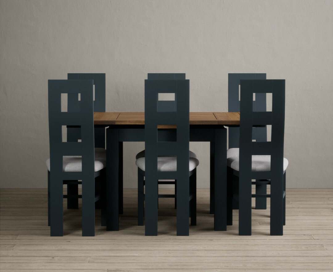 Photo 4 of Hampshire 90cm oak and dark blue extending dining table with 4 charcoal grey flow back chairs
