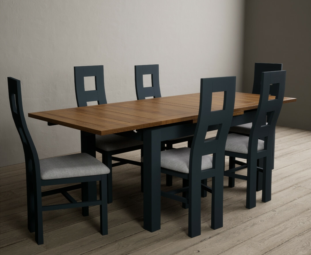 Photo 4 of Extending buxton 140cm oak and dark blue painted dining table with 6 rustic oak painted chairs