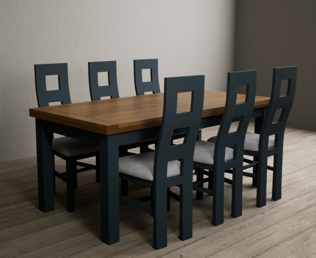Photo 2 of Hampshire 180cm oak and dark blue extending dining table with 6 blue flow back chairs
