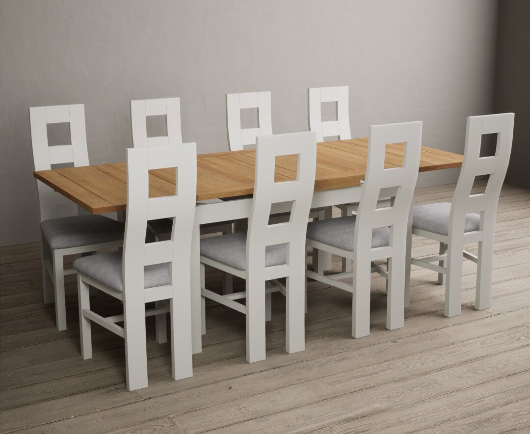 Hampshire 140cm Oak And Chalk White Extending Dining Table With 8 Light Grey Flow Back Chairs