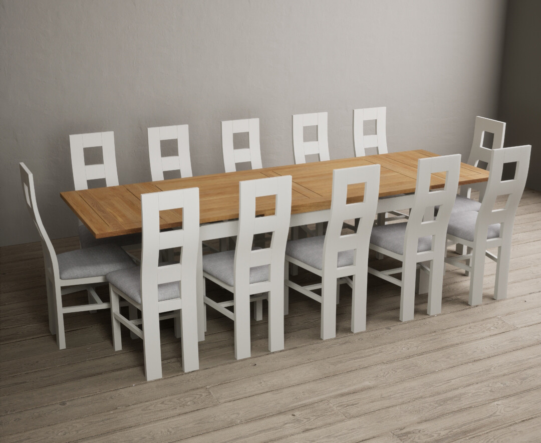 Product photograph of Hampshire 180cm Oak And Chalk White Extending Dining Table With 10 Blue Flow Back Chairs from Oak Furniture Superstore