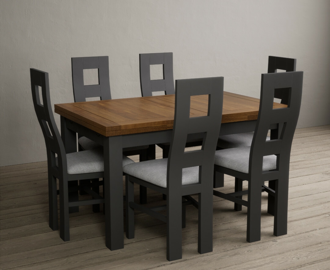 Photo 3 of Hampshire 140cm oak and charcoal grey extending dining table with 6 brown flow back chairs