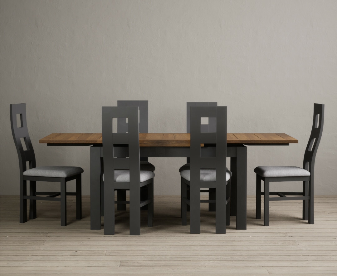 Extending Buxton 140cm Oak And Charcoal Grey Painted Dining Table With 6 Rustic Oak Painted Chairs
