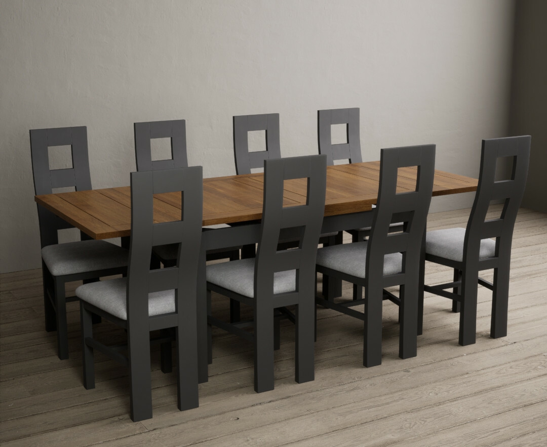 Product photograph of Hampshire 140cm Oak And Charcoal Grey Extending Dining Table With 8 Linen Flow Back Chairs from Oak Furniture Superstore