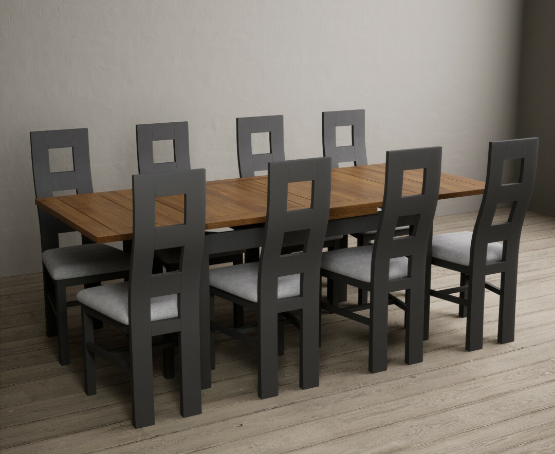 Product photograph of Hampshire 140cm Oak And Charcoal Grey Extending Dining Table With 6 Linen Flow Back Chairs from Oak Furniture Superstore