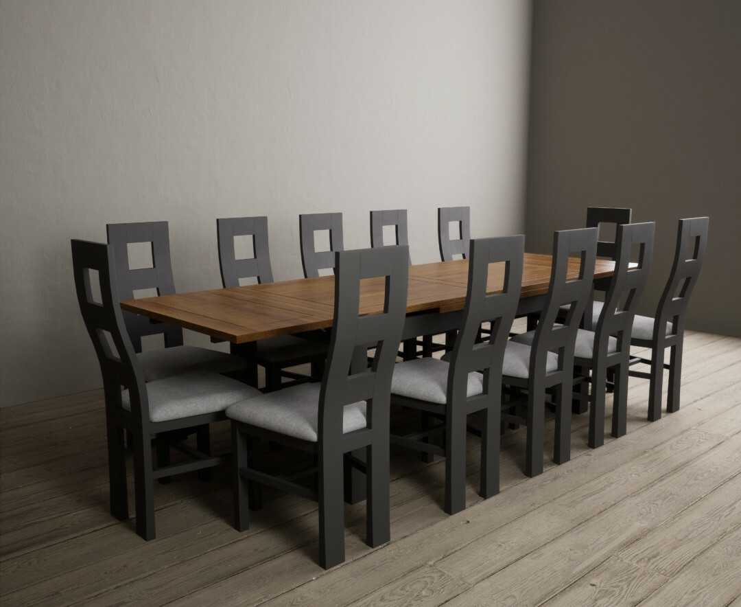 Product photograph of Buxton 180cm Oak And Charcoal Grey Extending Dining Table With 8 Blue Flow Back Chairs from Oak Furniture Superstore