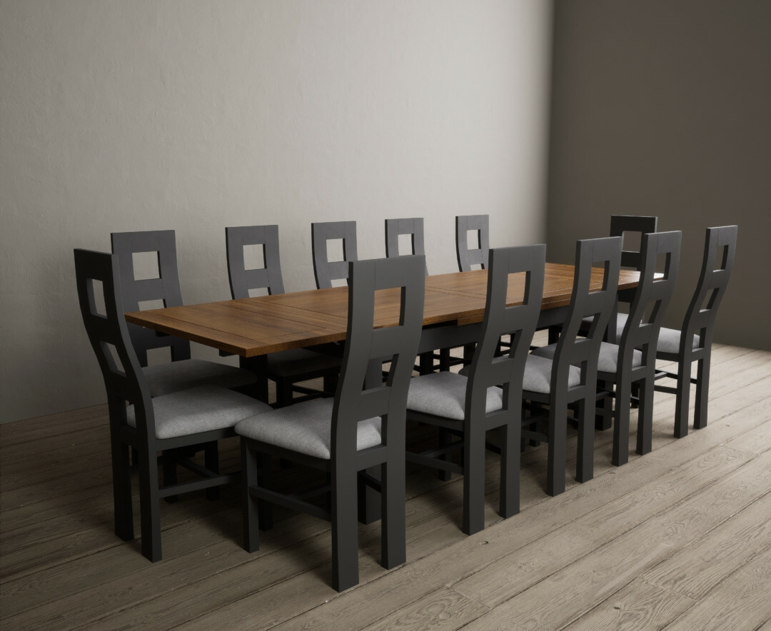 Product photograph of Hampshire 180cm Oak And Charcoal Grey Extending Dining Table With 8 Linen Flow Back Chairs from Oak Furniture Superstore