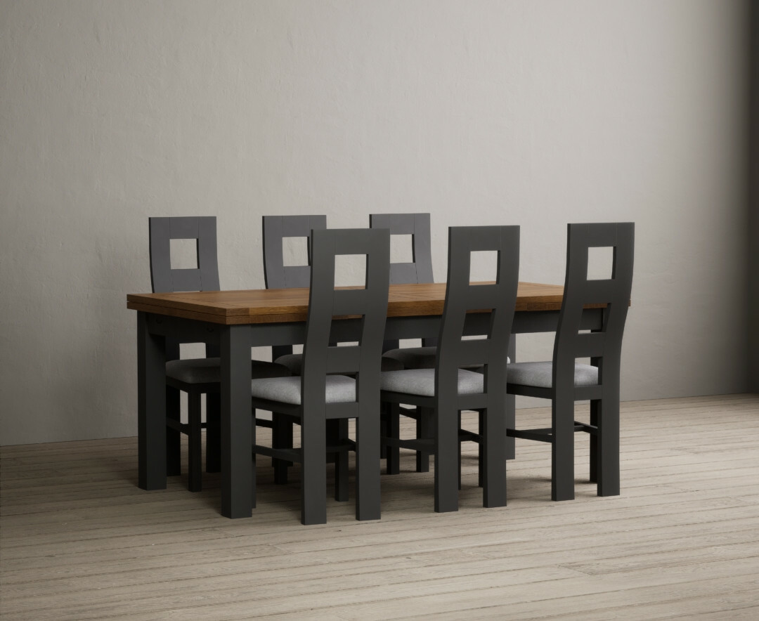 Photo 2 of Buxton 180cm oak and charcoal grey extending dining table with 8 blue flow back chairs
