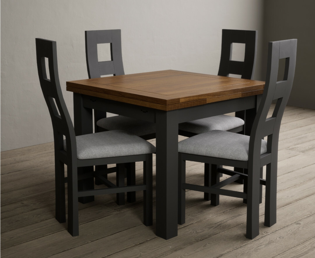 Hampshire 90cm Oak And Charcoal Grey Extending Dining Table With 4 Linen Flow Back Chairs