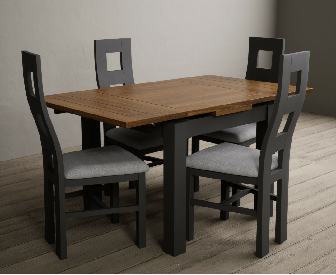 Photo 3 of Buxton 90cm oak and charcoal grey extending dining table with 6 blue flow back chairs