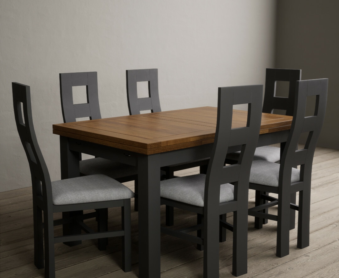 Photo 2 of Hampshire 140cm oak and charcoal grey extending dining table with 8 linen flow back chairs