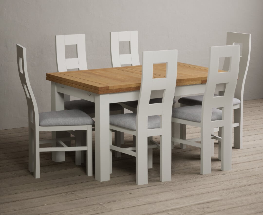 Extending Hampshire 140cm Oak And Signal White Dining Table With 6 Blue Flow Back Chairs