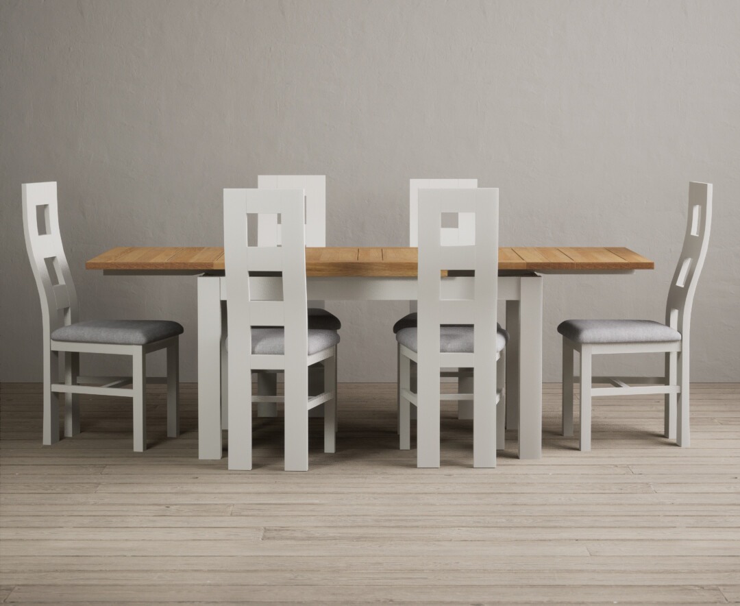 Photo 1 of Extending hampshire 140cm oak and signal white dining table with 8 blue flow back chairs