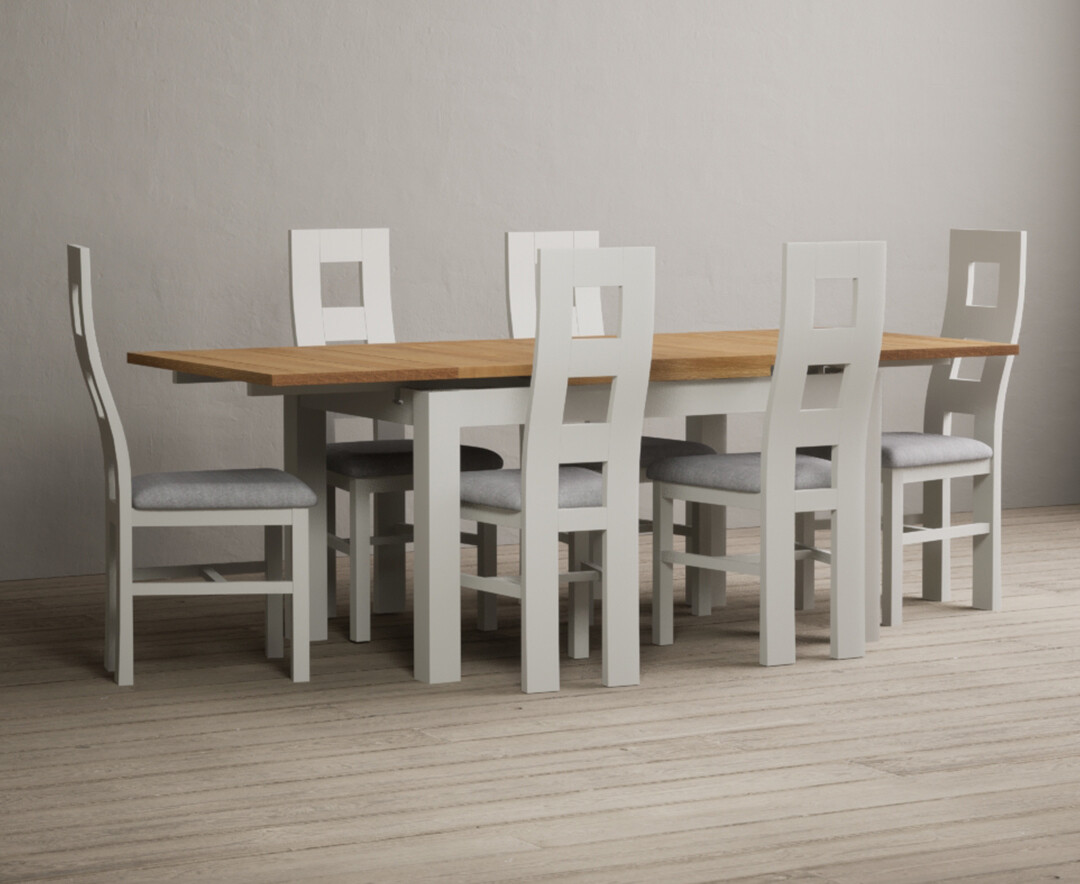 Photo 2 of Extending hampshire 140cm oak and signal white dining table with 8 brown flow back chairs