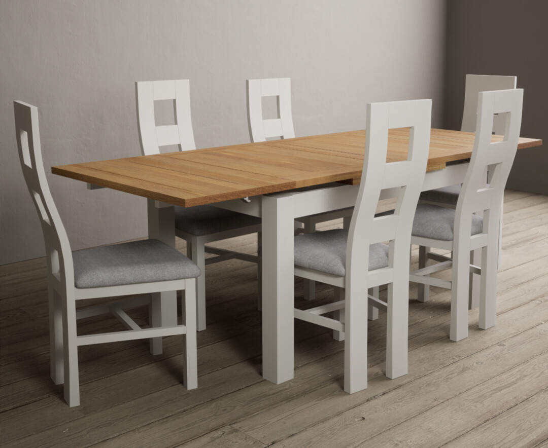 Photo 3 of Extending hampshire 140cm oak and signal white dining table with 8 charcoal grey flow back chairs