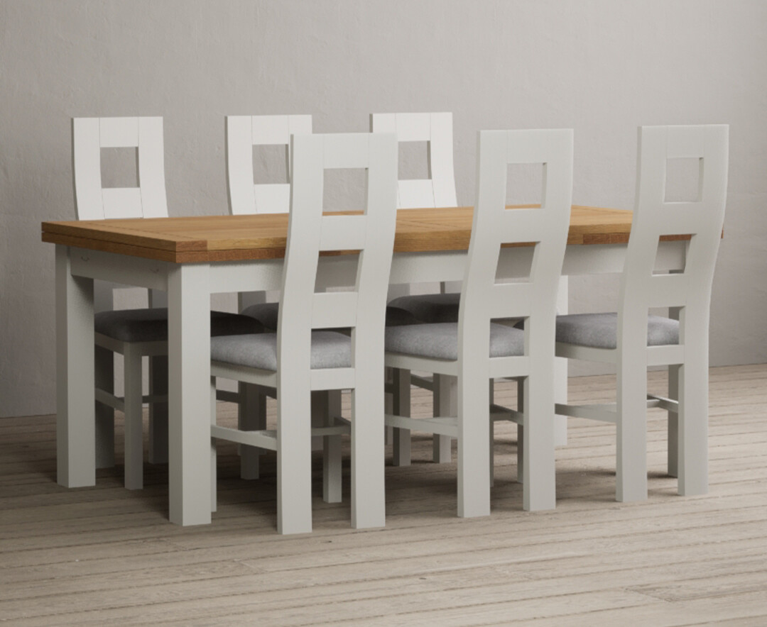 Product photograph of Extending Hampshire 180cm Oak And Signal White Dining Table With 6 Brown Flow Back Chairs from Oak Furniture Superstore