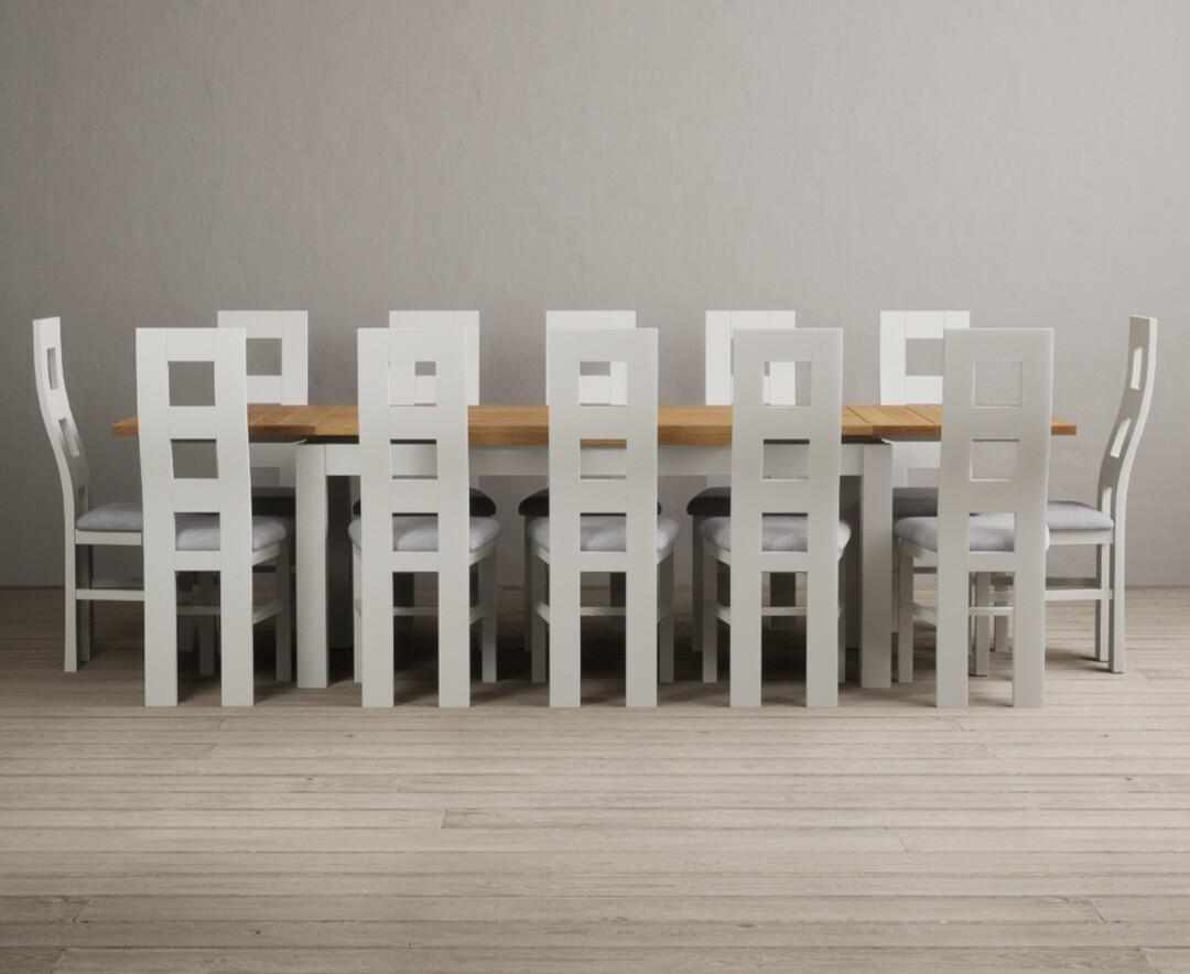 Extending Buxton 180cm Oak And Signal White Painted Dining Table With 10 Blue Painted Chairs