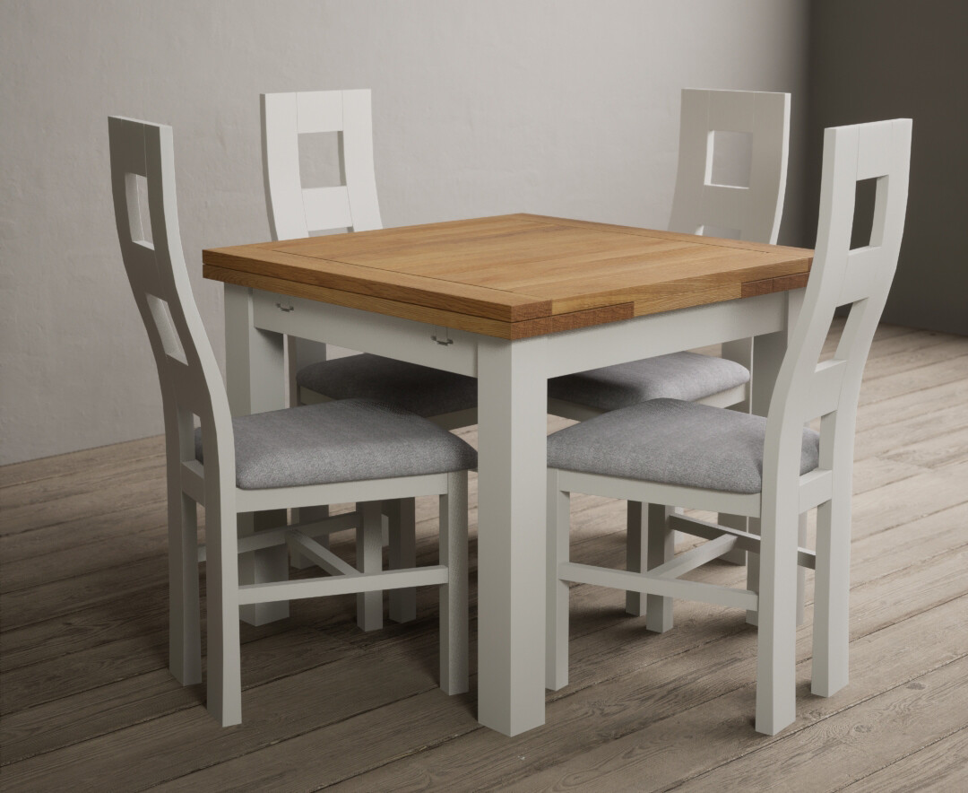 Product photograph of Extending Buxton 90cm Oak And Signal White Dining Table With 6 Light Grey Flow Back Chairs from Oak Furniture Superstore