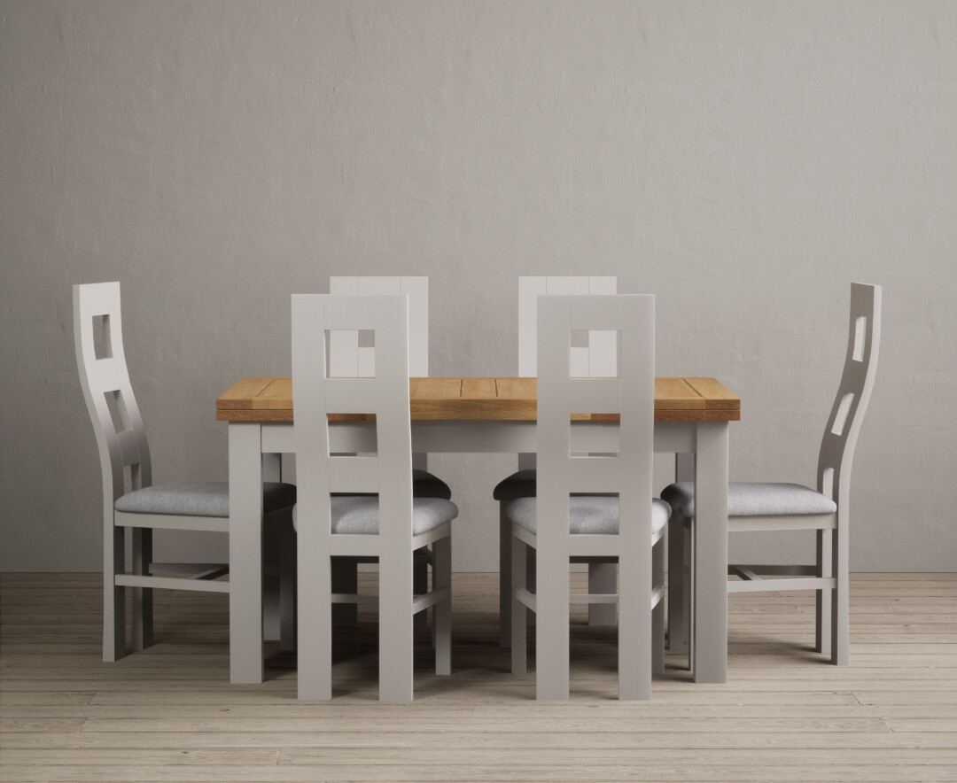 Photo 4 of Hampshire 140cm oak and soft white extending dining table with 8 light grey flow back chairs