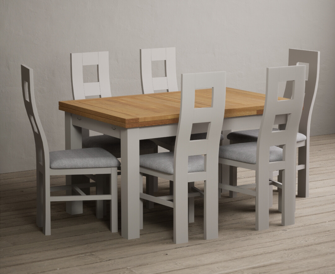 Photo 1 of Hampshire 140cm oak and soft white extending dining table with 6 linen flow back chairs