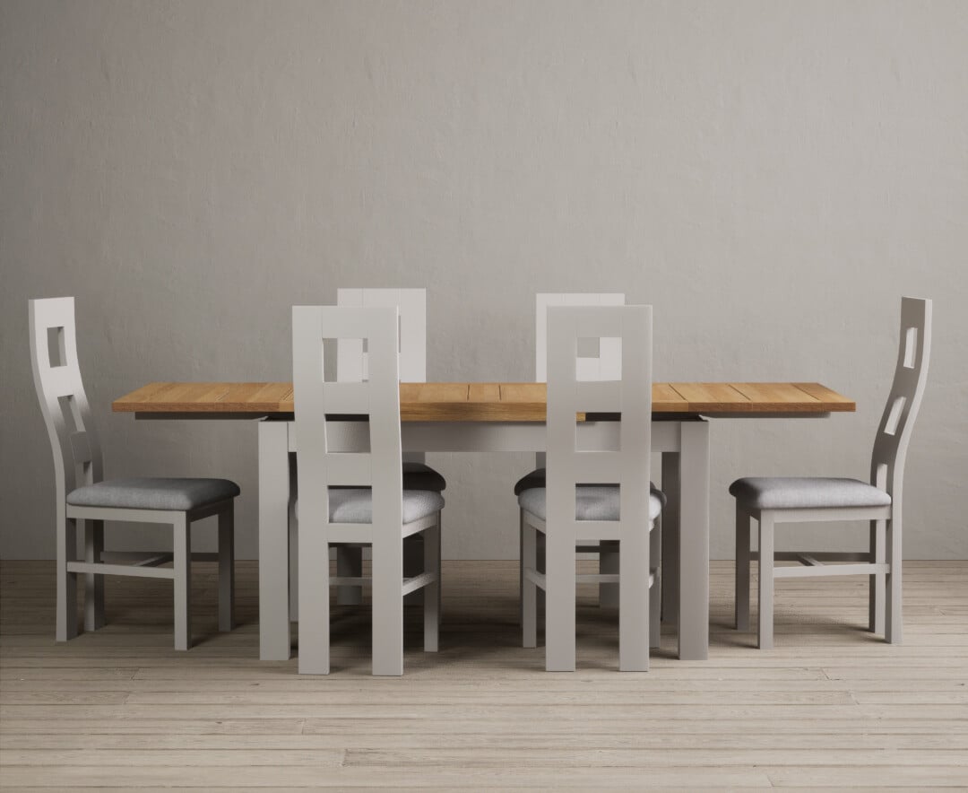 Extending Buxton 140cm Oak and Soft White Painted Dining Table with 6 Blue Painted Chairs
