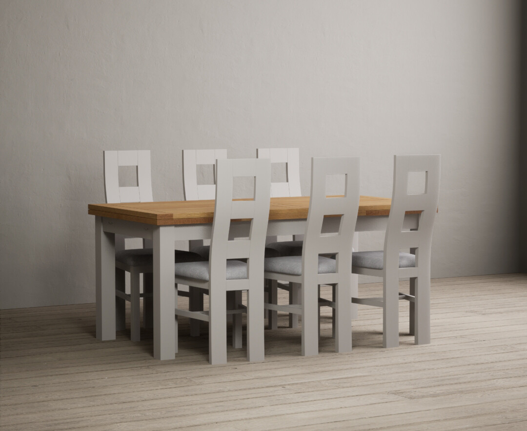 Photo 1 of Hampshire 180cm oak and soft white extending dining table with 10 light grey flow back chairs