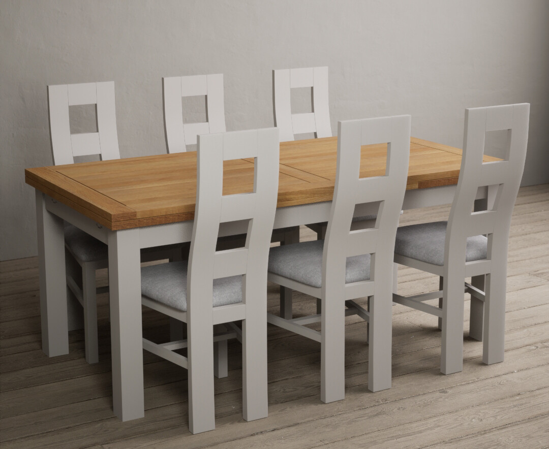 Photo 2 of Hampshire 180cm oak and soft white extending dining table with 10 light grey flow back chairs