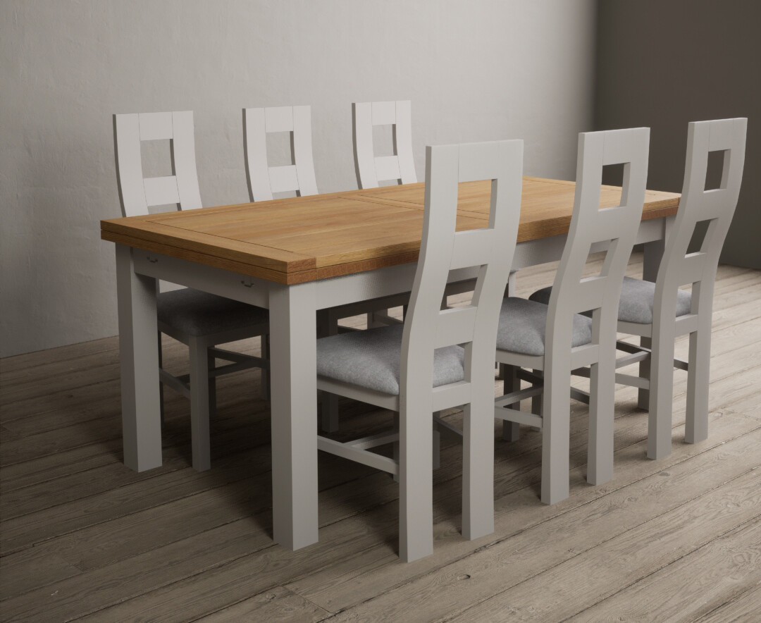 Photo 3 of Buxton 180cm oak and soft white extending dining table with 10 blue flow back chairs