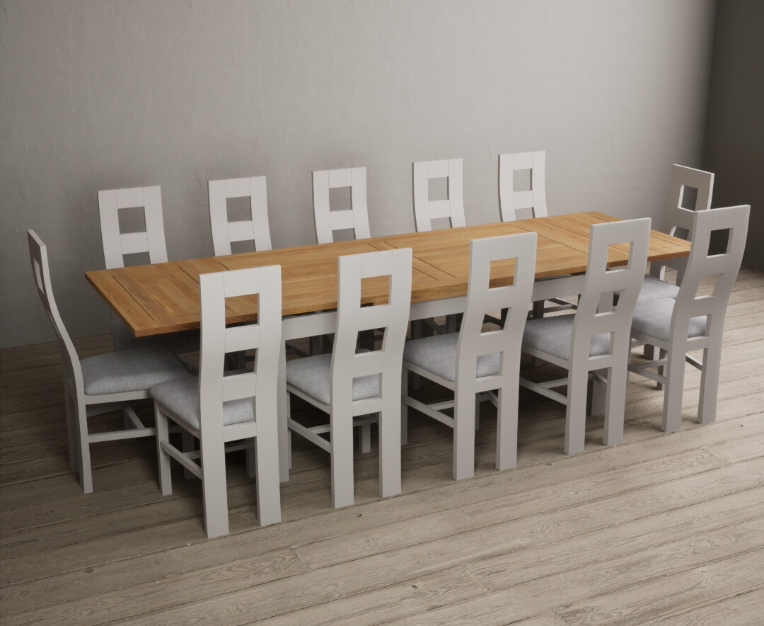 Product photograph of Hampshire 180cm Oak And Soft White Extending Dining Table With 10 Linen Flow Back Chairs from Oak Furniture Superstore