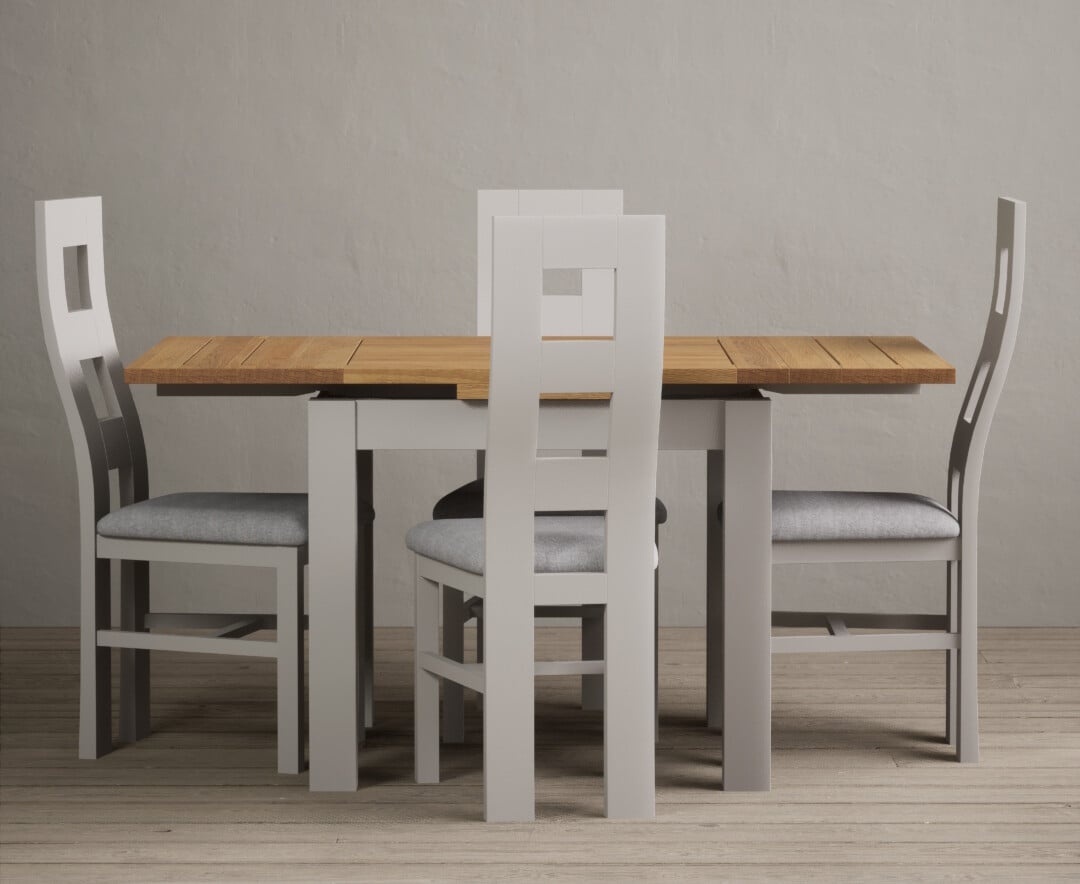 Extending Buxton 90cm Oak and Soft White Painted Dining Table with 6 Light Grey Painted Chairs