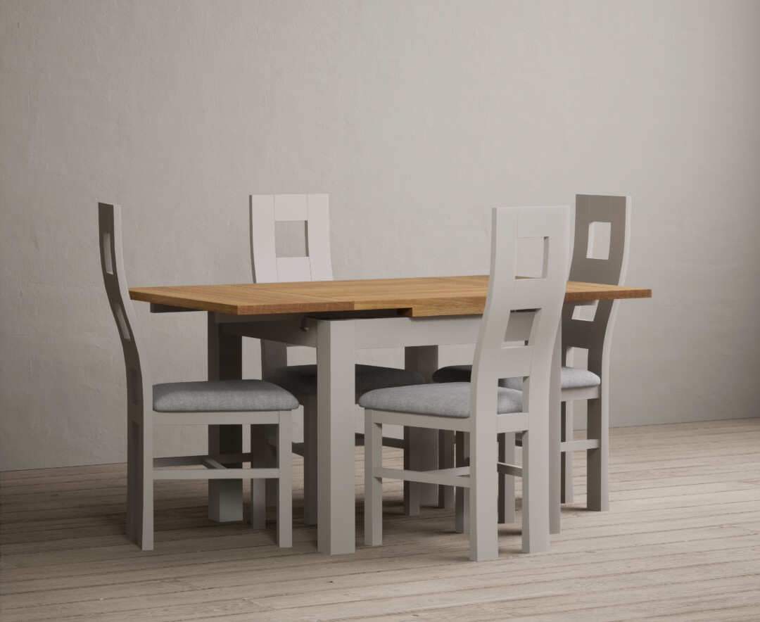 Photo 4 of Hampshire 90cm oak and soft white extending dining table with 4 blue flow back chairs