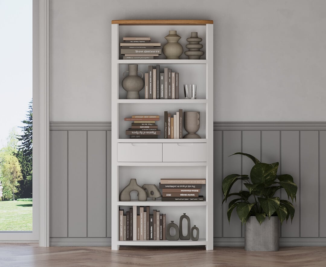 Product photograph of Bradwell Oak And Signal White Painted Tall Bookcase from Oak Furniture Superstore