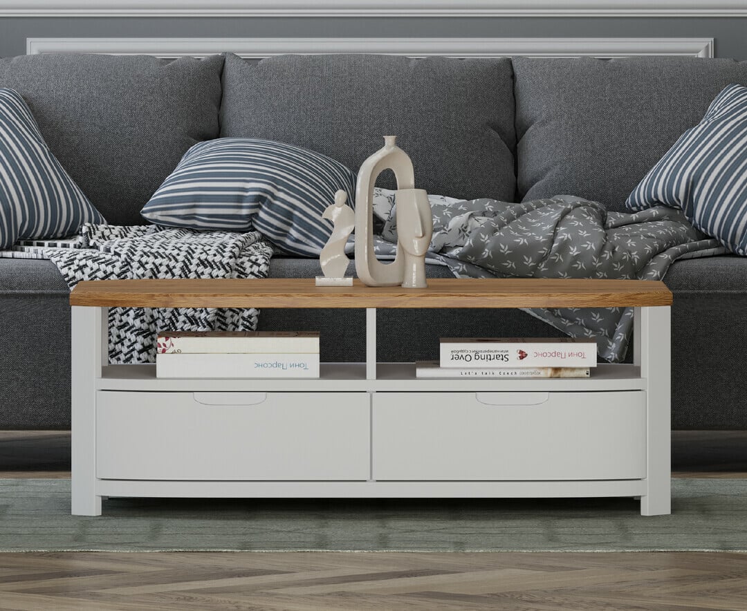 Product photograph of Bradwell Oak And Signal White Painted 4 Drawer Coffee Table from Oak Furniture Superstore