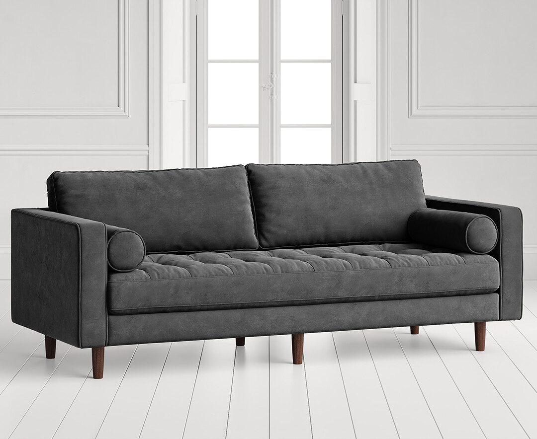 Product photograph of Elliott Cement Grey Velvet Three Seater Sofa from Oak Furniture Superstore.