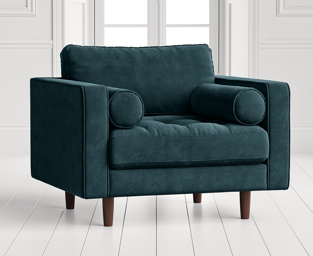 Product photograph of Elliott Petrol Velvet Armchair from Oak Furniture Superstore.