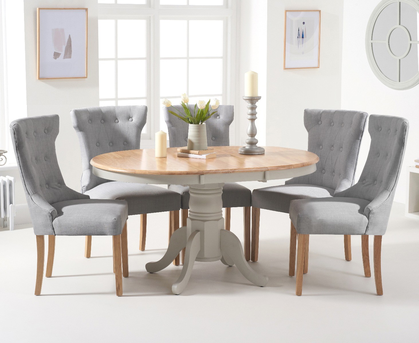Epsom Oak And Grey Painted Pedestal Extending Table With 6 Grey Clara Chairs