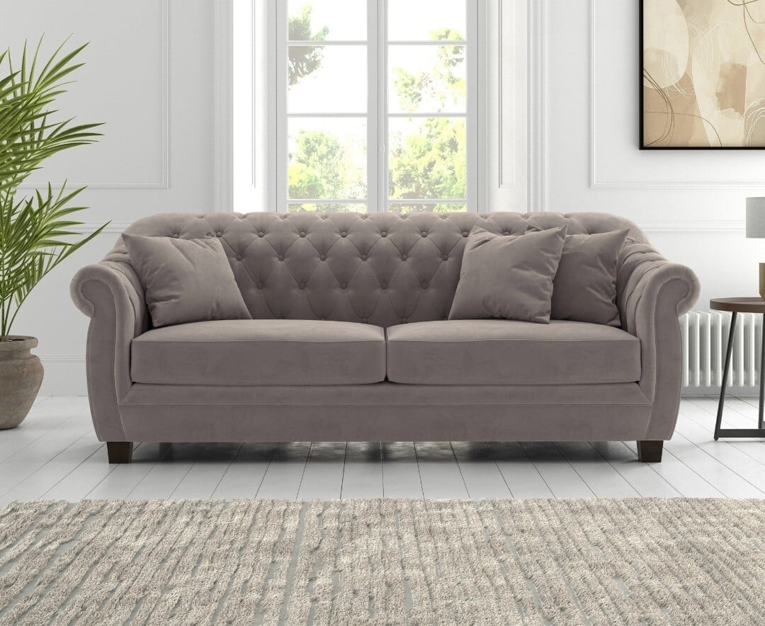 Product photograph of Eva Chesterfield Light Grey Velvet 3 Seater Sofa from Oak Furniture Superstore