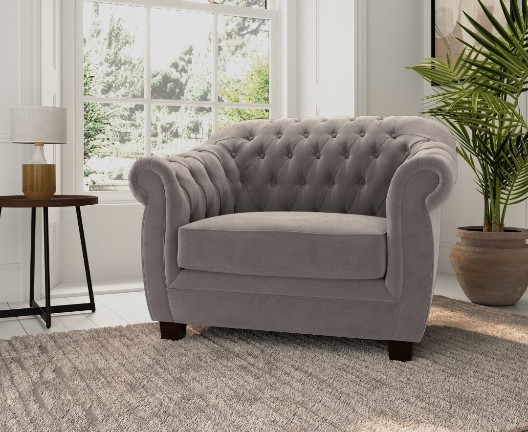 Eva Chesterfield Light Grey Velvet Armchair Oak Furniture Superstore