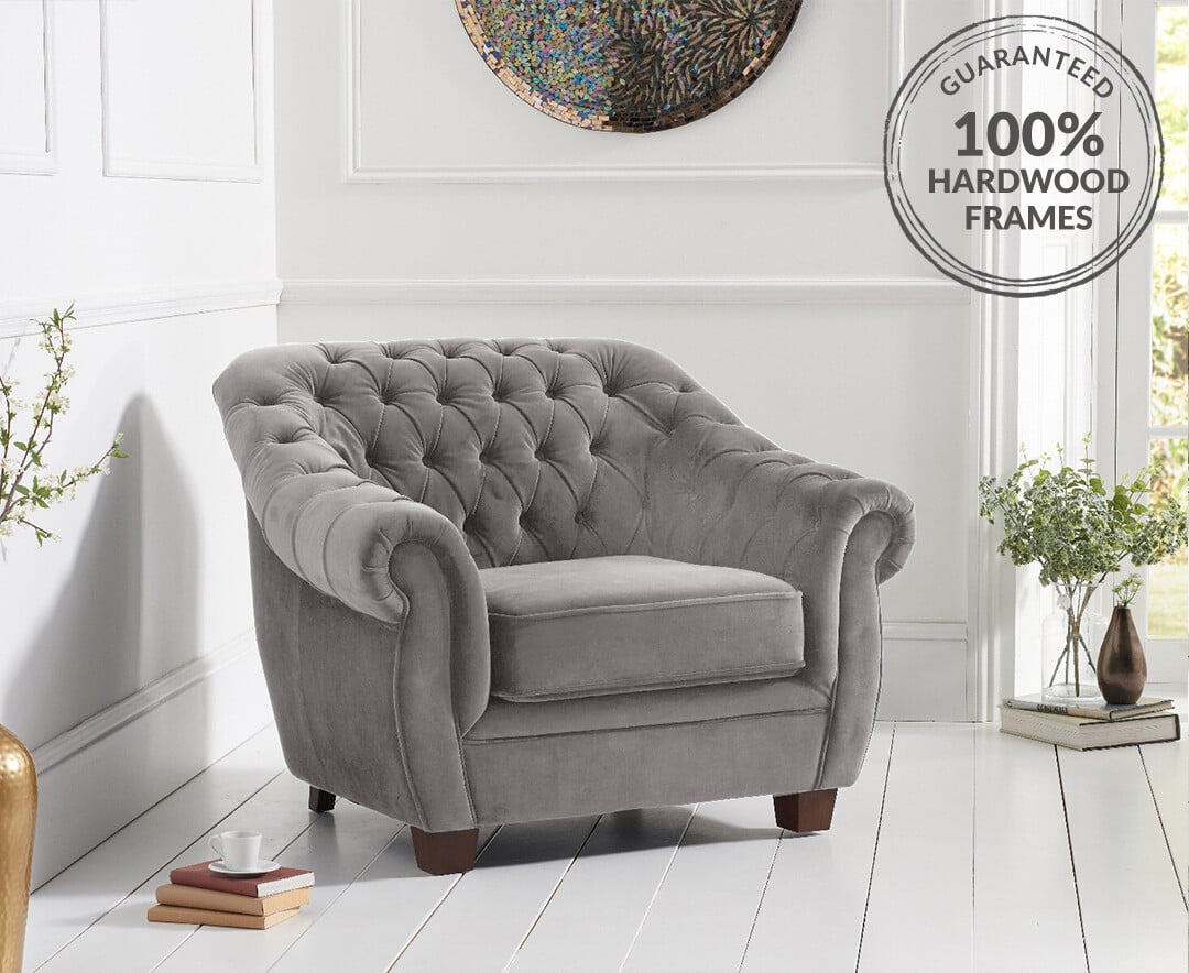 Eva Chesterfield Light Grey Velvet Armchair Oak Furniture Superstore