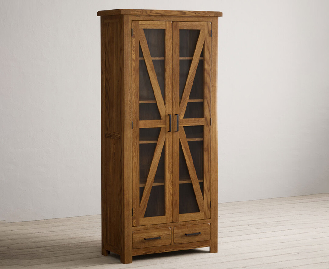 Product photograph of Country Rustic Solid Oak Glazed Display Cabinet from Oak Furniture Superstore.