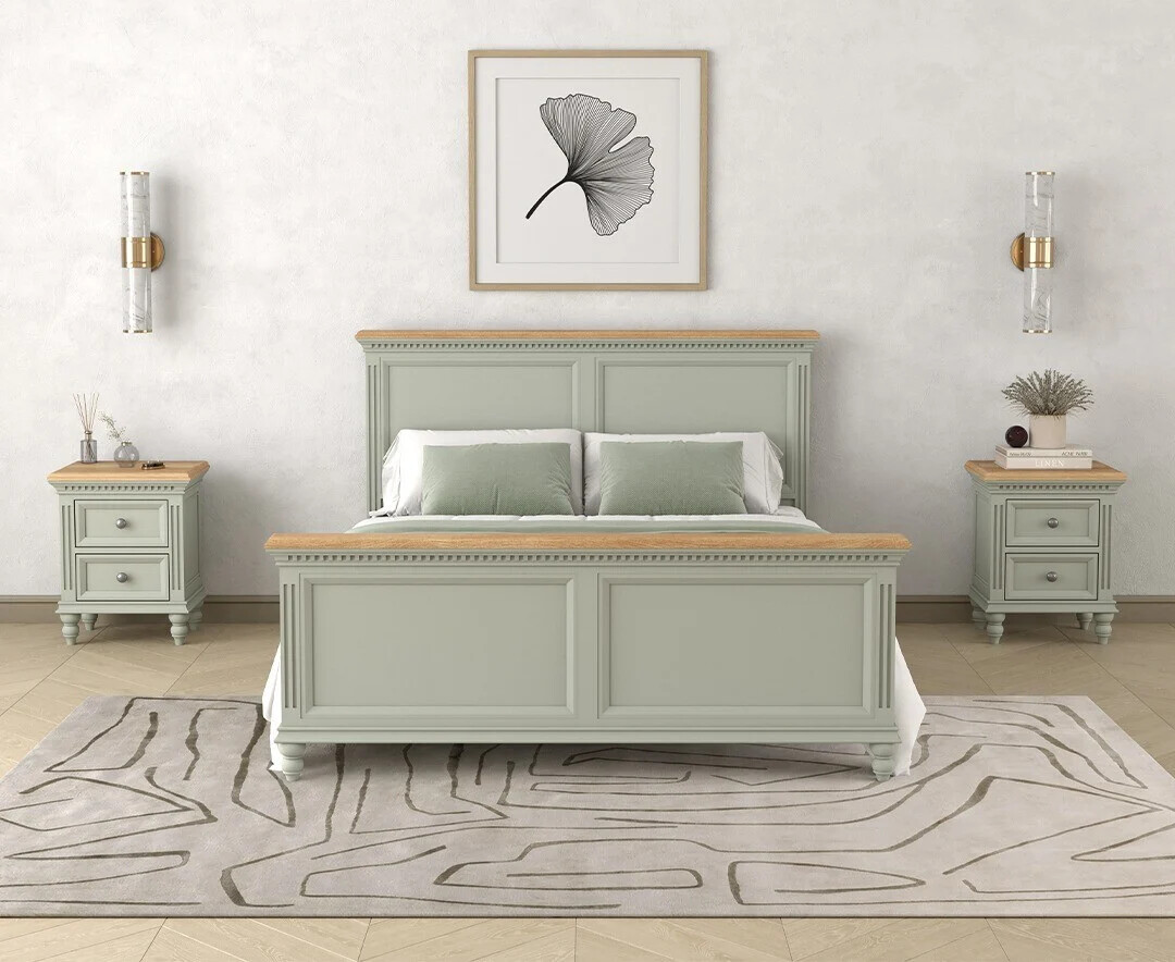 Francis Oak and Soft Green Painted King Size Bed