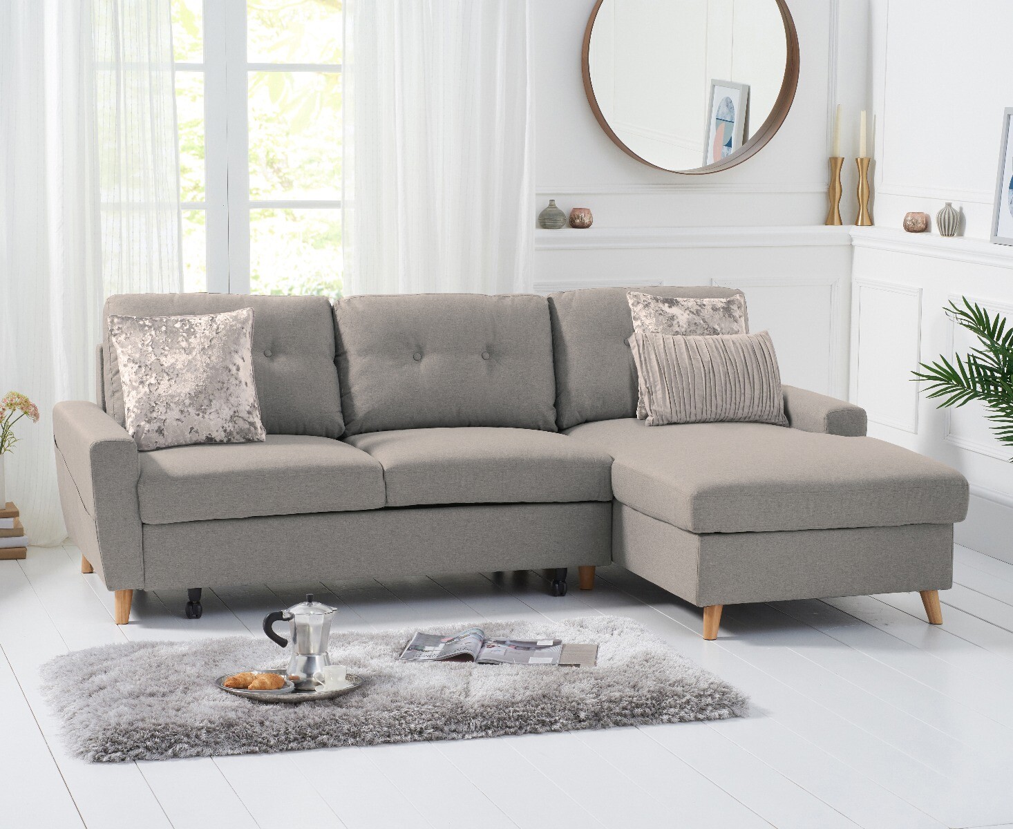 Product photograph of Florence Right Facing Chaise Sofa Bed In Grey Linen from Oak Furniture Superstore