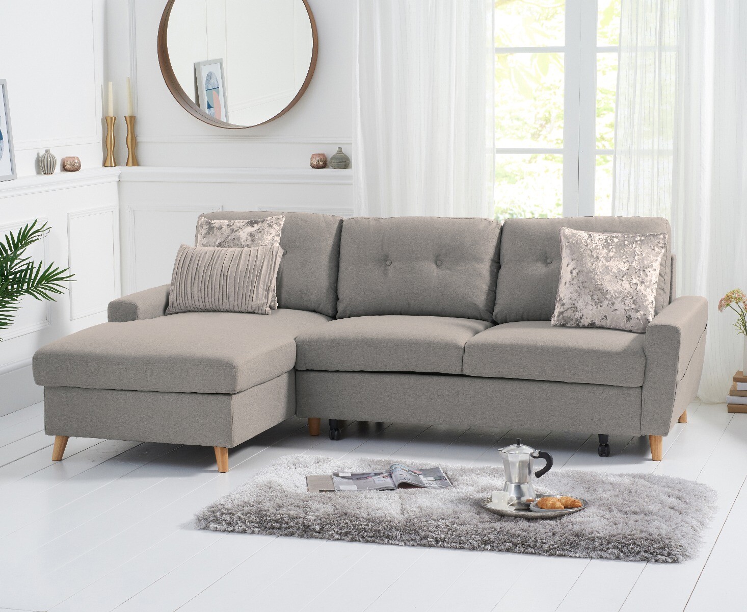 Product photograph of Florence Left Facing Chaise Sofa Bed In Grey Linen from Oak Furniture Superstore