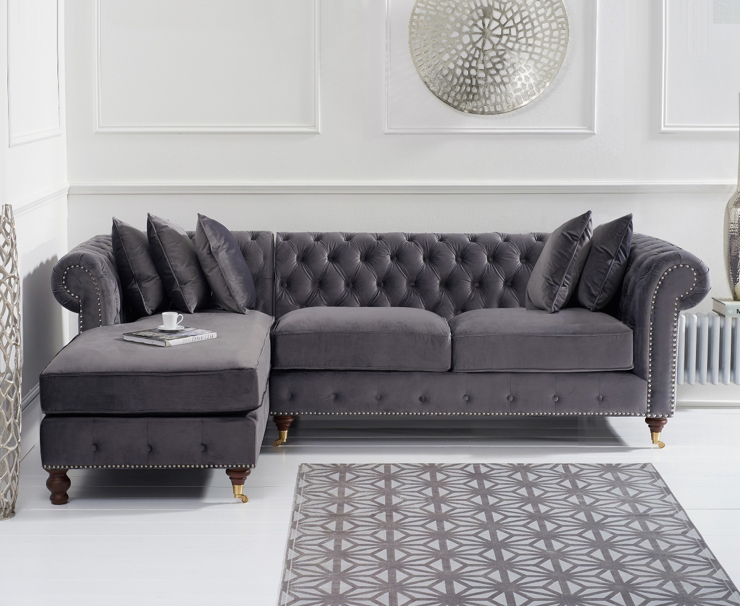 Chiswick 3 Seater Dark Grey Velvet Left Facing Chesterfield Corner Chaise Sofa