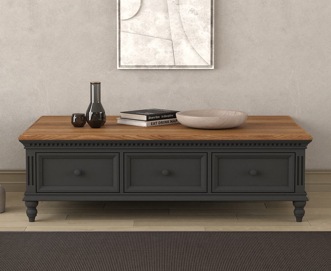 Francis Oak and Charcoal Grey Painted 6 Drawer Extra Large Coffee Table