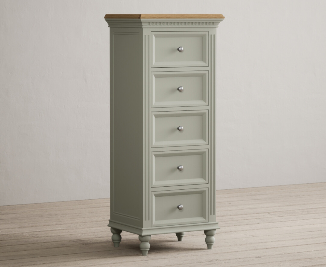 Photo 1 of Francis oak and soft green painted 5 drawer tallboy
