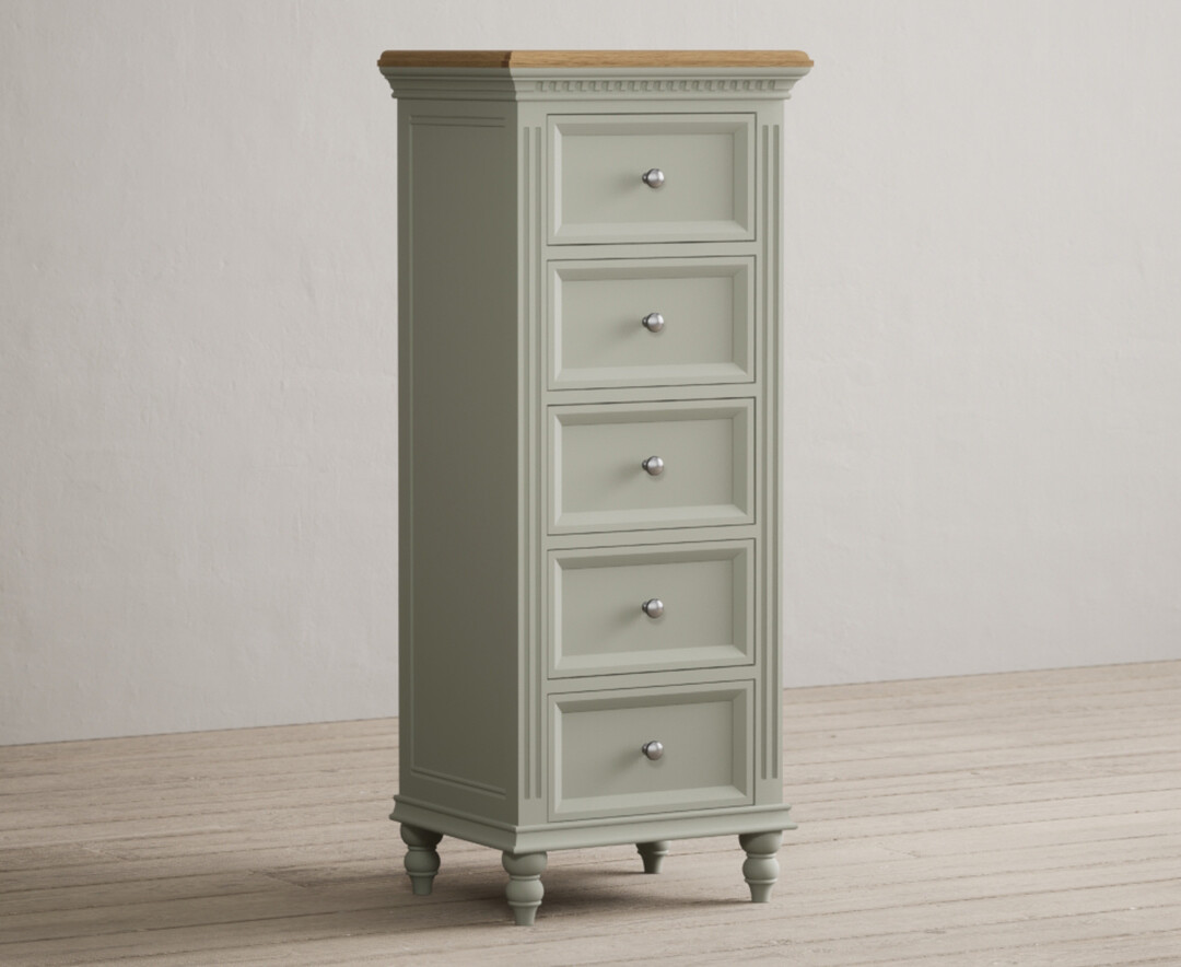 Product photograph of Francis Oak And Soft Green Painted 5 Drawer Tallboy from Oak Furniture Superstore